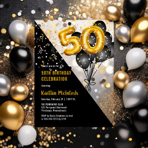 Luftballons Elegant Schwarz Gold 50. Geburtstags Acryleinladungen
