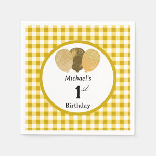 Luftballons & gelbes Gingham 1. Geburtstag Serviette
