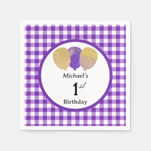 Luftballons & Lila Gingham 1. Geburtstag Serviette