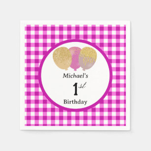 Luftballons & rosa Gingham 1. Geburtstag Serviette