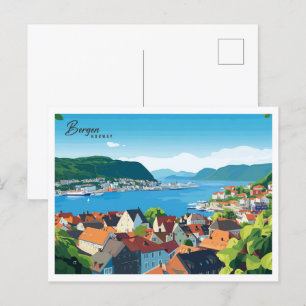Luftbild Bergen Norwegen Illustration Reise Postkarte