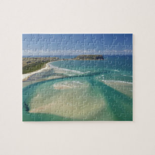 Luftbild der Mündung, Sawyer Bay, Stanley und Puzzle