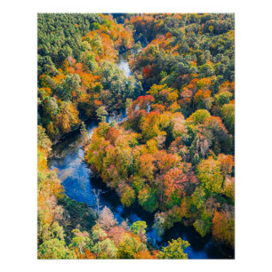 Luftbild des Winding River Sonniger Herbstwald Poster