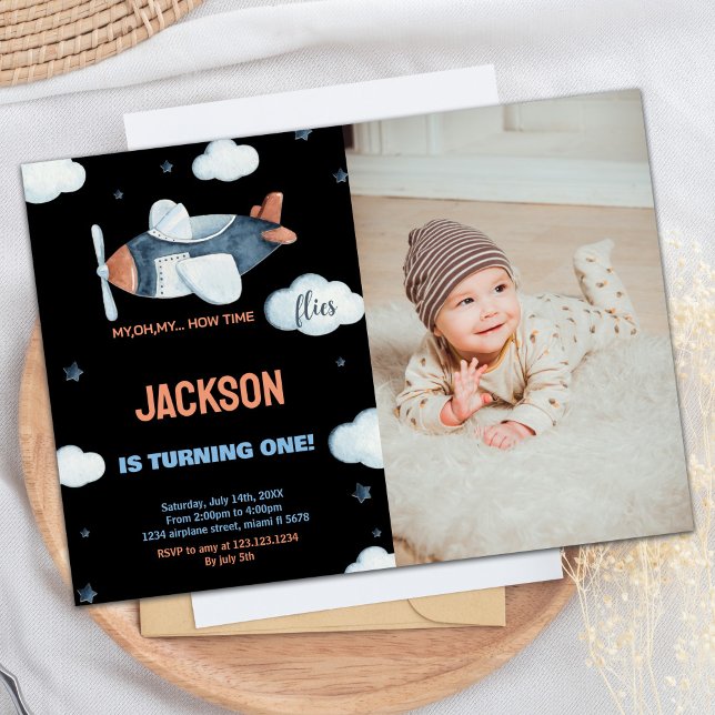 Luftfahrzeug Einladung zum Geburtstag Black Brown  (Airplane Birthday Invitations Black Brown W Photo)