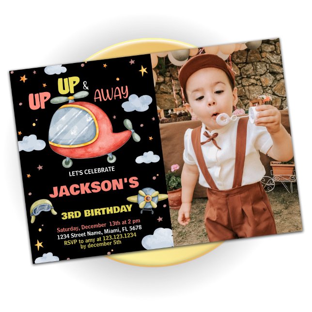 Luftfahrzeug Einladung zum Geburtstag Rot Schwarz  (Airplane Birthday Invitations Red Black with Photo)