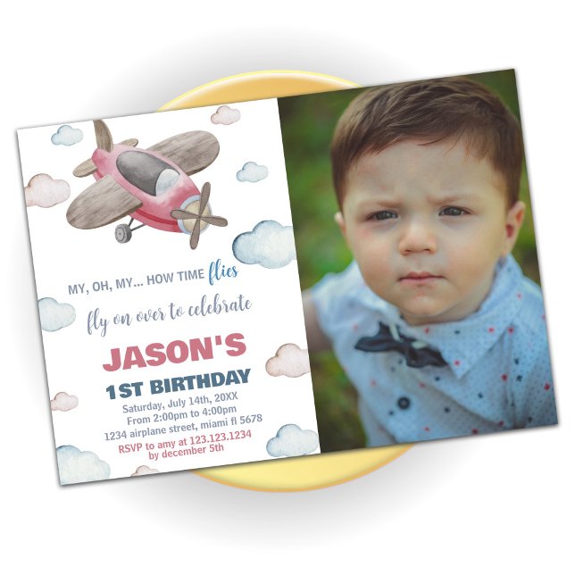 Luftfahrzeug Geburtstagsaufenthalt Braunrot mit Fo Einladung (Airplane Birthday Invitations Brown Red with photo)