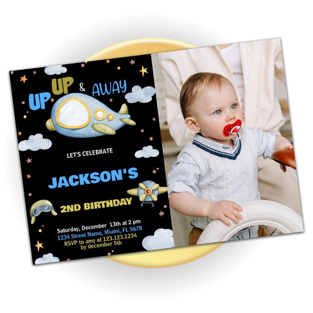 Luftfahrzeug Geburtstagseinladungen Blaues Schwarz Einladung (Airplane Birthday Invitations Blue Black w photo)