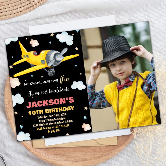 Luftfahrzeug Geburtstagseinladungen Gelbes Schwarz Einladung (Airplane Birthday Invitations Yellow Black w Photo)