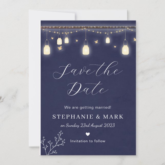 Luftfeuchte Save the Date, blaue Hochzeit der Mari Einladung (Vorderseite)