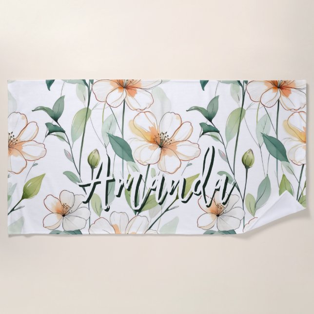 Luftige Weiße Blumen Grünmuster Blüte Floral Strandtuch (Vorderseite)