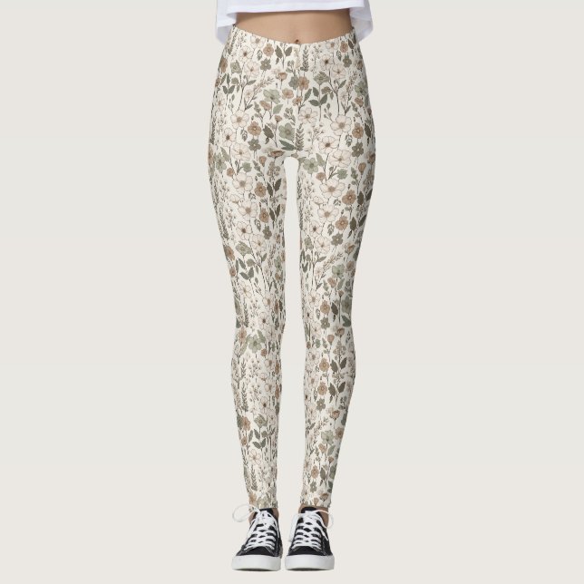 Luftige Wildblumen in Creme & Salbei Leggings (Vorderseite)