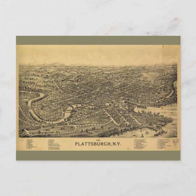 Luftkarte von Plattsburgh New York (1899) Postkarte (Vorderseite)