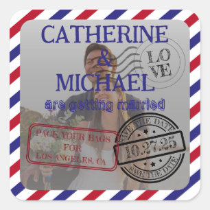 Luftpost-Foto Save the Date Hochzeit Quadratischer Aufkleber