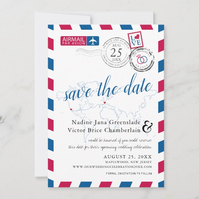 Luftpost Los Angeles und Frankreich Save the Date (Vorderseite)
