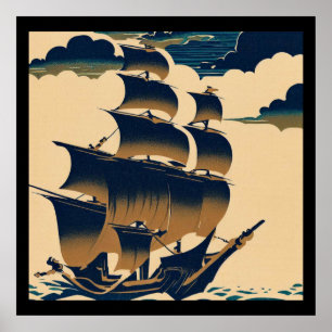 Luftschiffe, die über Wolken fahren - Holzschnitt Poster
