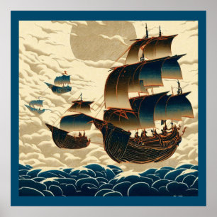 Luftschiffe, die über Wolken fahren - Holzschnitt Poster