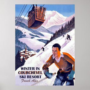 Luftseilbahn über Courchval, Mann auf Ski, Vintag Poster