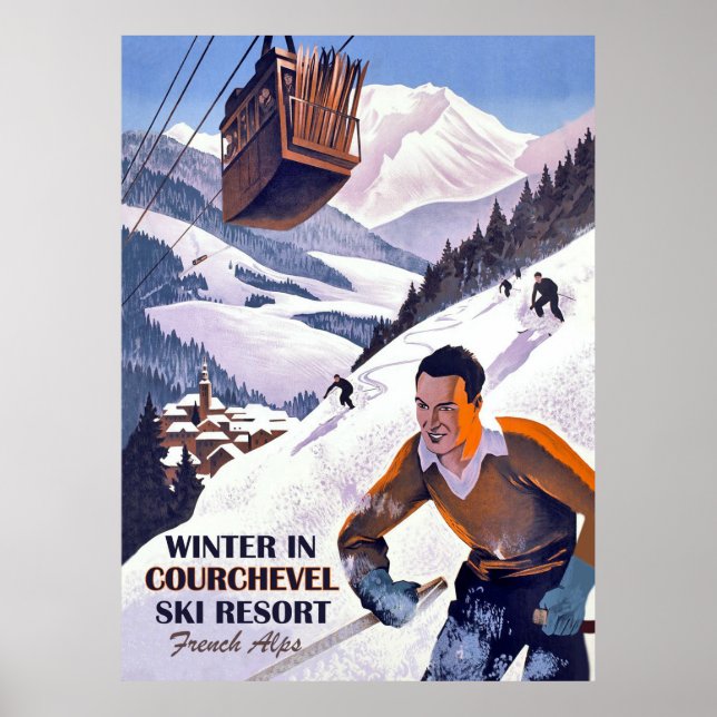 Luftseilbahn über Courchval, Mann auf Ski, Vintag Poster (Vorne)