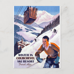 Luftseilbahn über Courchval, Mann auf Ski, Vintag Postkarte