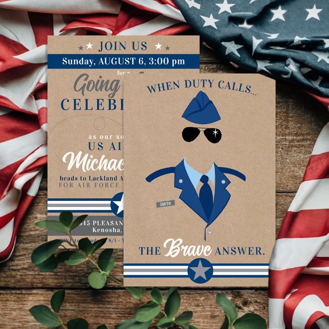 Luftwaffe weg Party NAVY BLUE GRAY Military Einladung (Navy Blue Rustic Kraft Air Force Airman Going Away Party Invitation, Military Farewell Celebration)