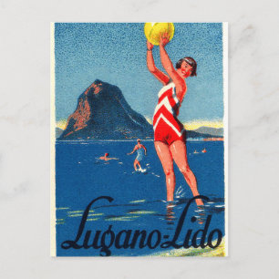 Luganersee, Strand, Mädchen mit Beachball, Vintage Postkarte