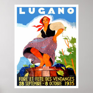 Lugano, Italien, Mädchen macht Wein, Weinlese Poster