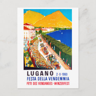 Lugano, Luftansicht. Menschen drängen sich auf dem Postkarte
