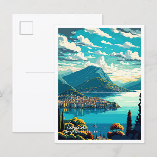 Lugano Schweiz Kunst Vintage Reiseillustration Postkarte