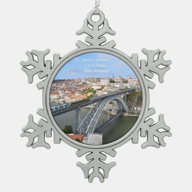 Luis I Bridge Porto Portugal Schneeflocken Zinn-Ornament (Vorderseite)