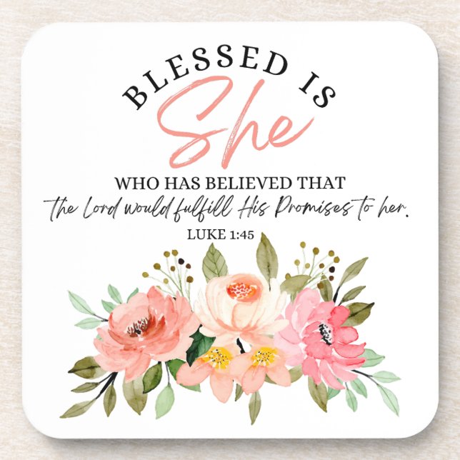 Luke 1:45 Gesegnet ist "She Floral Scripture" Getränkeuntersetzer (Vorderseite)