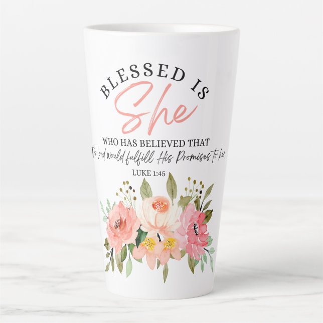 Luke 1:45 Gesegnet ist "She Floral Scripture" Milchtasse (Vorderseite)