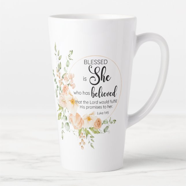 Luke 1:45 Gesegnet ist "She Spring Orange Blume" Milchtasse (Rechts)