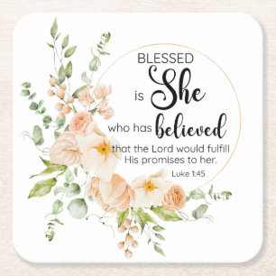 Luke 1:45 Gesegnet ist "She Spring Orange Blume" Rechteckiger Pappuntersetzer