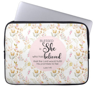 Luke 1:45 Gesegnet ist Sie Aquarell Rosa Blütenbra Laptopschutzhülle