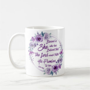 Luke 1:45 Gesegnet ist sie Lila Floral Kaffeetasse