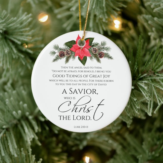Luke 2:10-11 Poinsettia Weihnachtsschrift Keramik Ornament (Baum)