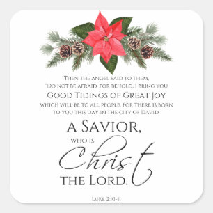 Luke 2:10-11 Poinsettia Weihnachtsschrift Quadratischer Aufkleber