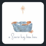 Luke 2:11 Minimalistische Weihnachtsgeburt Quadratischer Aufkleber<br><div class="desc">Ich habe diesen modernen minimalistischen Wasserfarbenmagier mit dem Baby Jesus für Sie gemalt. Der Weihnachtsstar und die blaue und gelbe Krippe sind ein einfaches und lockeres Aquarellbild. Das stilvolle moderne Skript ist bearbeitbar. "a Erretter wurde geboren" wird aus dem Schriftstellervers Luke 2:11 übernommen. Dieser religiöse Weihnachtsaufkleber wäre ideal für die...</div>