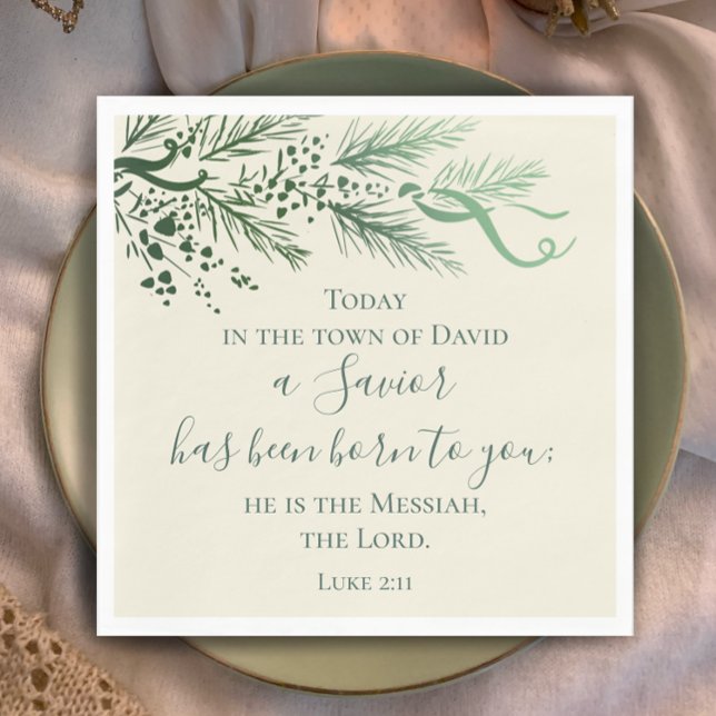 Luke 2:11 Schrift Custom Modern Pine Weihnachten Serviette (Luke 2:11 Christian scripture elegant sage pine Christmas dinner napkins. Custom modern script decor)