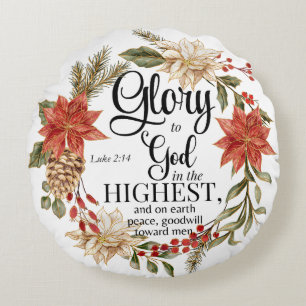Luke 2:14 Ruhm zu Gott Weihnachten Gold Floral Rundes Kissen