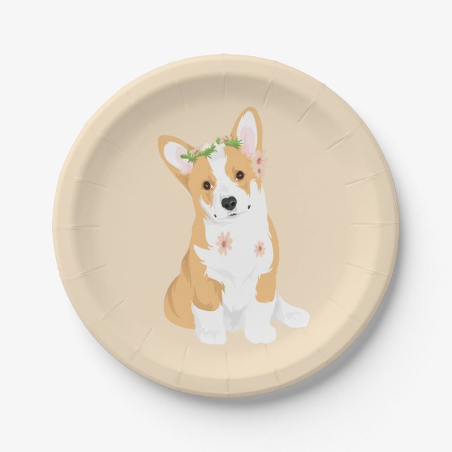 LuluBelle der hübsche Corgi mit Blumen-Krone Pappteller (Vorderseite)