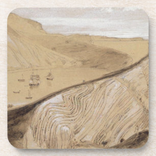 Lulworth Bucht (w/c, Gouache und Graphit auf Beige Untersetzer