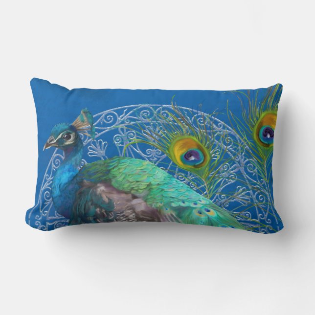 Lumbar Modern Painting Peacock Schwanz Feathers Bl Lendenkissen (Vorderseite)