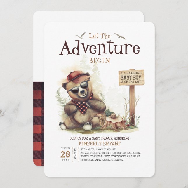 Lumberjack Baby Dusche Woodland Little Bären Cube Einladung (Vorne/Hinten)