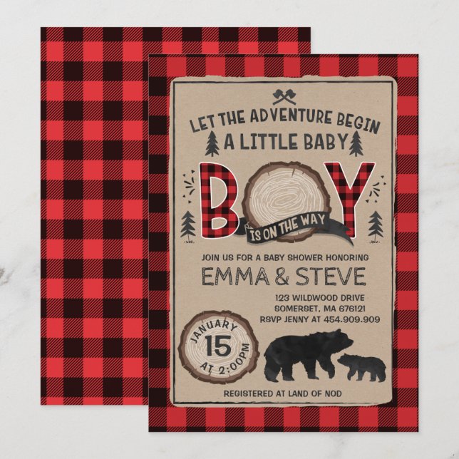 Lumberjack Baby Shower Invitation Lumberjack Party Einladung (Vorne/Hinten)