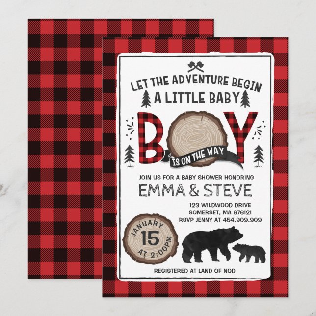 Lumberjack Baby Shower Invitation Lumberjack Party Einladung (Vorne/Hinten)