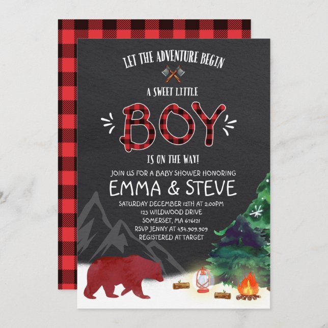 Lumberjack Baby Shower Invitation Lumberjack Party Einladung (Vorne/Hinten)