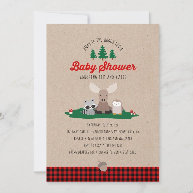 Lumberjack Baby Shower Woodland Tiere Rustikal Einladung (Vorderseite)