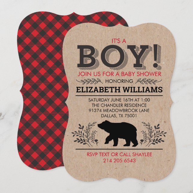 Lumberjack Bär Flannel Rustic Boy Baby Dusche Inv Einladung (Vorne/Hinten)