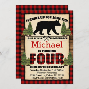 Lumberjack Bär Geburtstagsparty Einladung Vier 4.